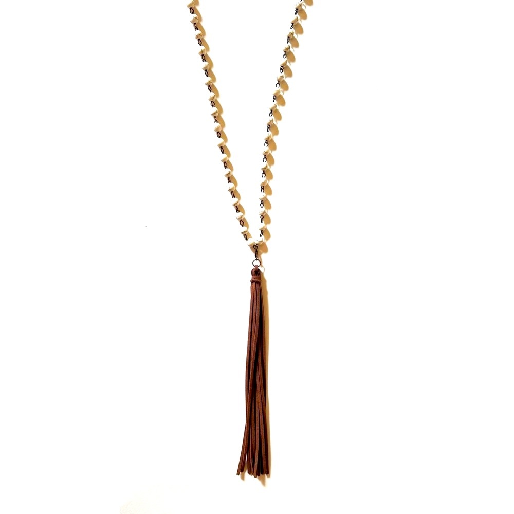 LONG 36" /Prayer Meditation Long Necklace w Brown Leather Tassel Accessible